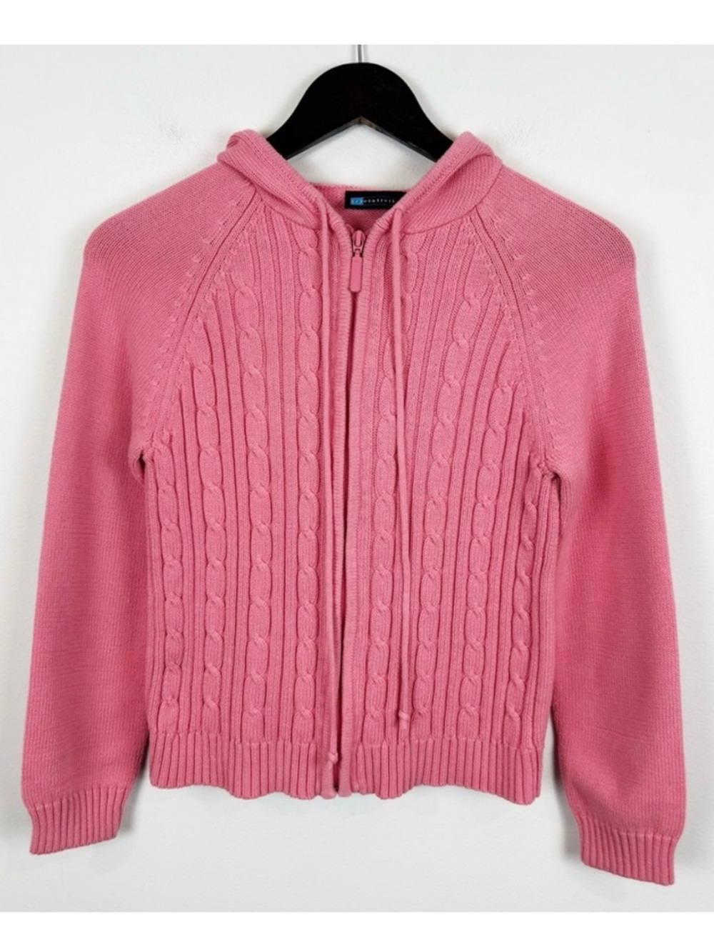 Relativity Pink Cable-Knit Zip Hoodie Sweater Size Small 100% Cotton Y2K